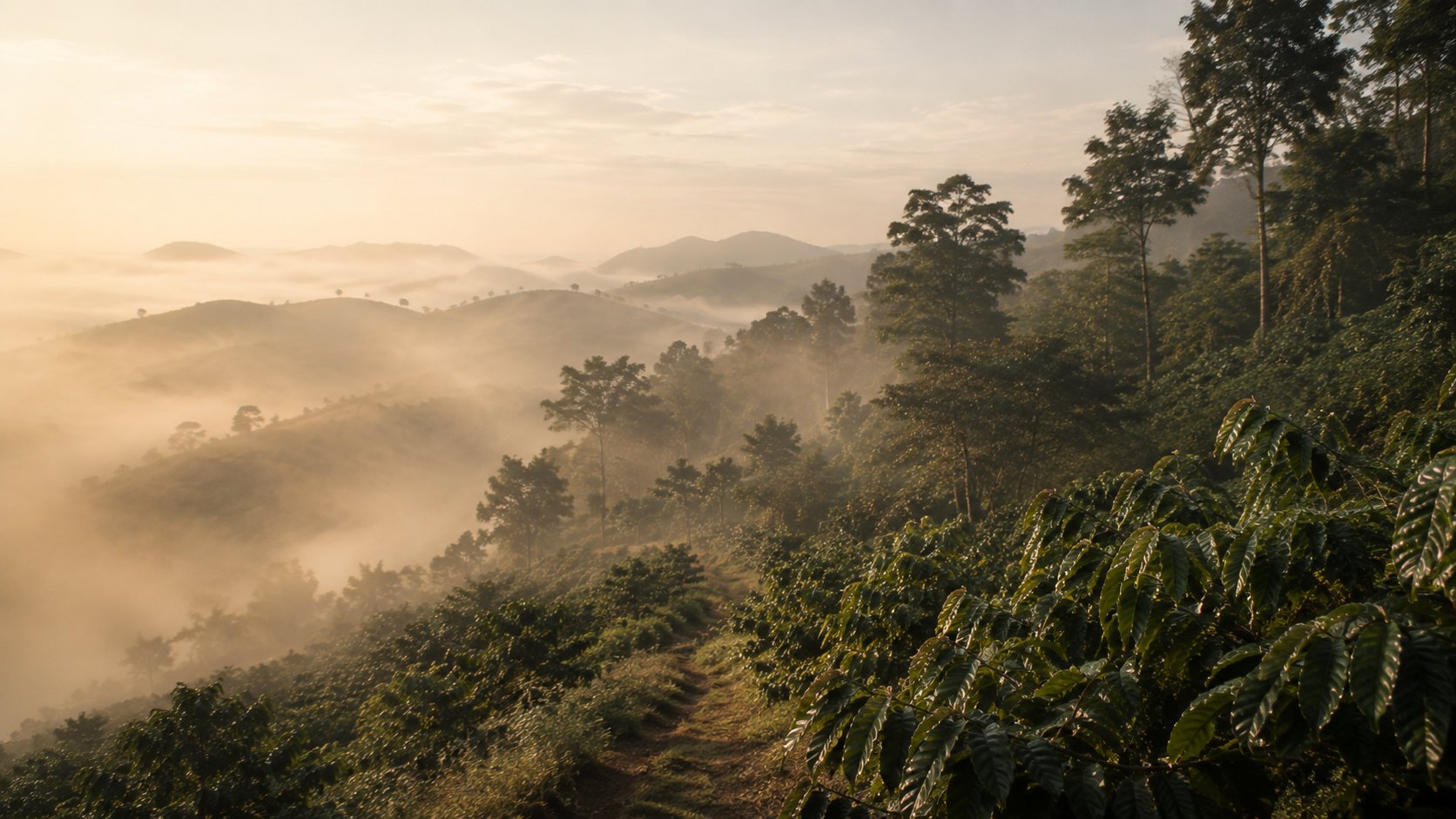 Highland coffee slopes at first light with mist over the hills
