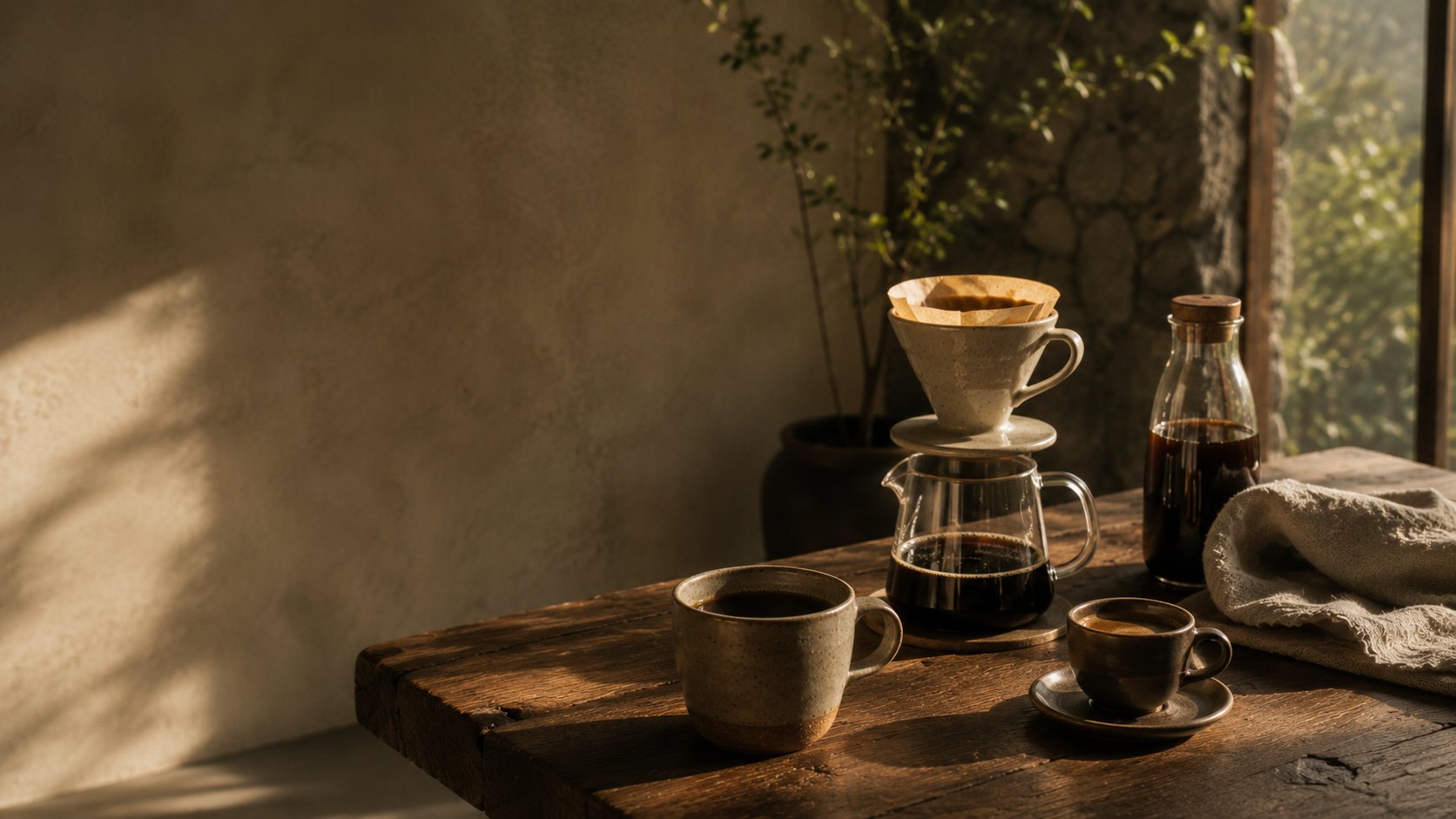 Coffee beans in a ceramic dish with coffee-branch leaves, morning light