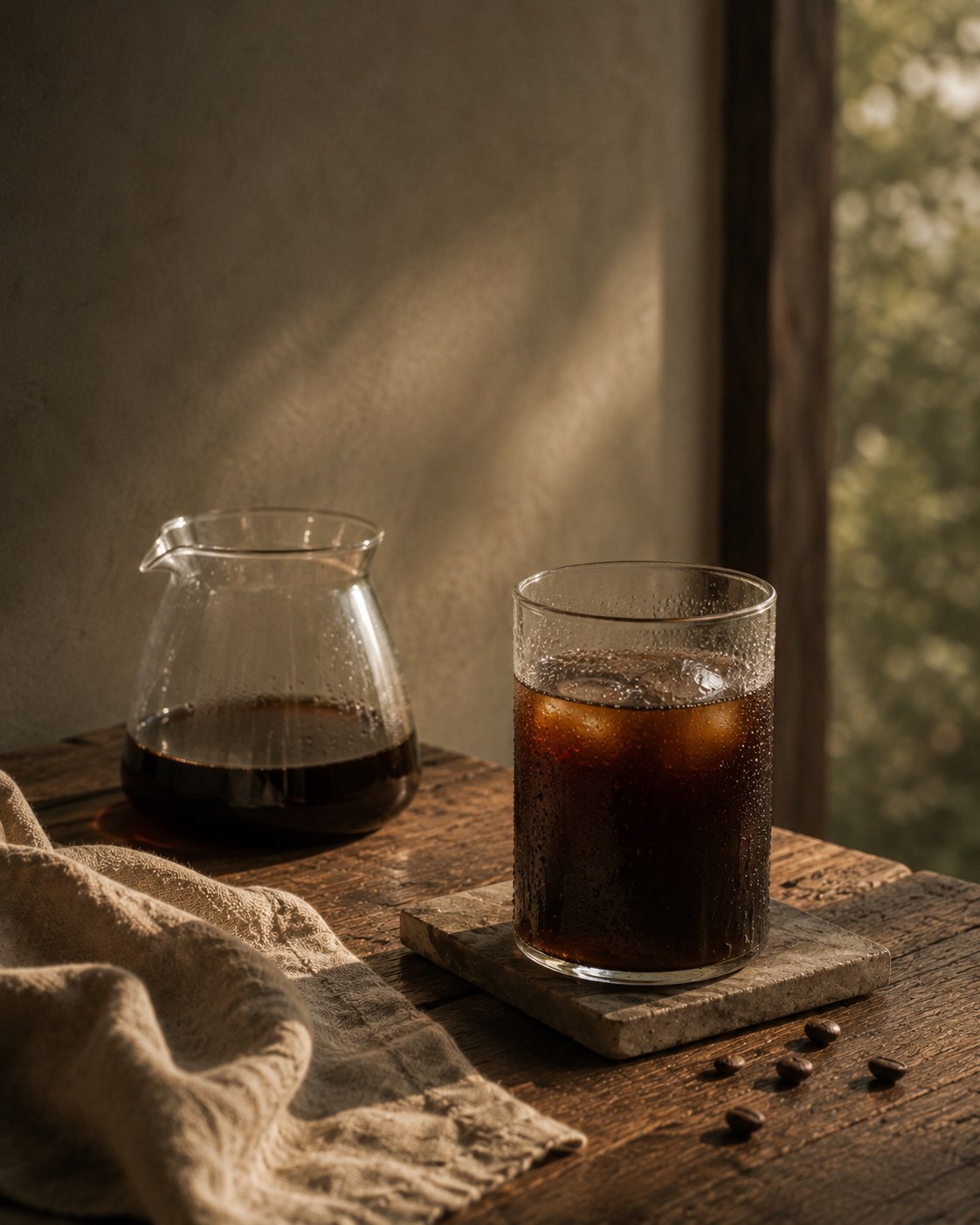 Cold brew coffee over ice beside a glass carafe in daylight