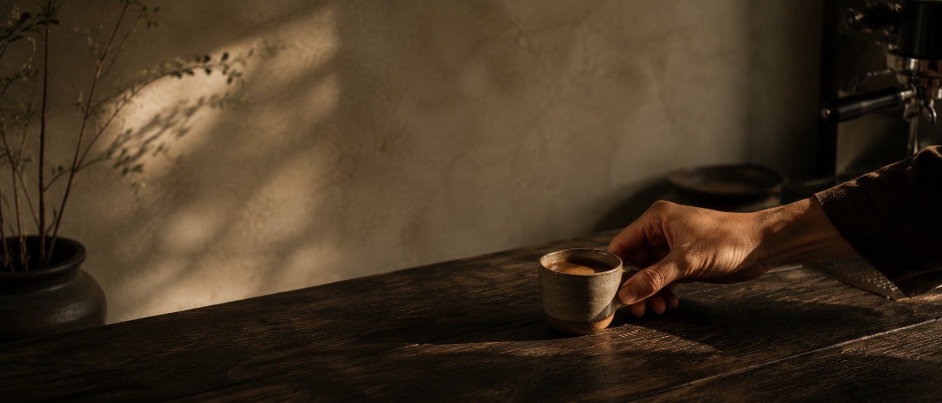 A hand resting a small espresso cup on a dark wooden surface