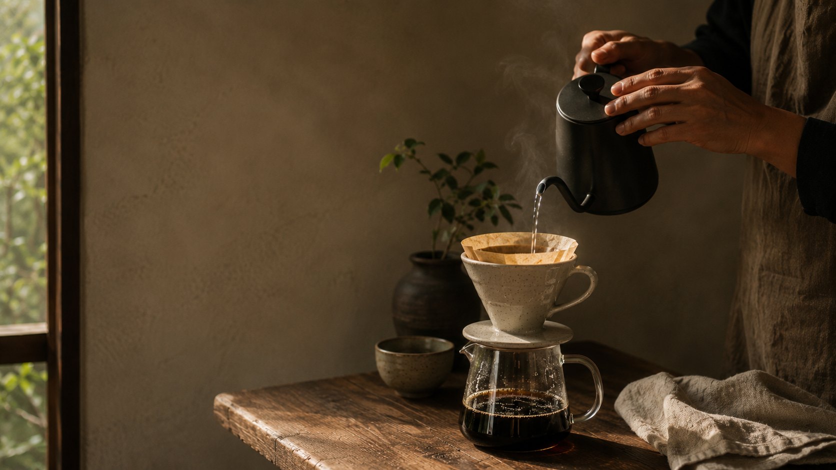 A slow pour-over brew with kettle and dripper in soft light